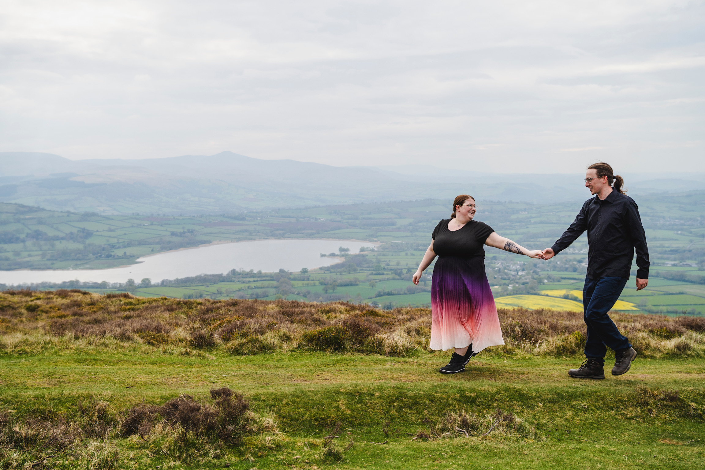 Landscape, Wales; with couple walking